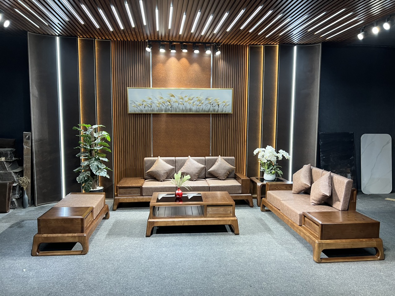 Bộ Bàn Ghế Phòng Khách Sofa Gỗ Chân Quỳ Tần Bì SF39